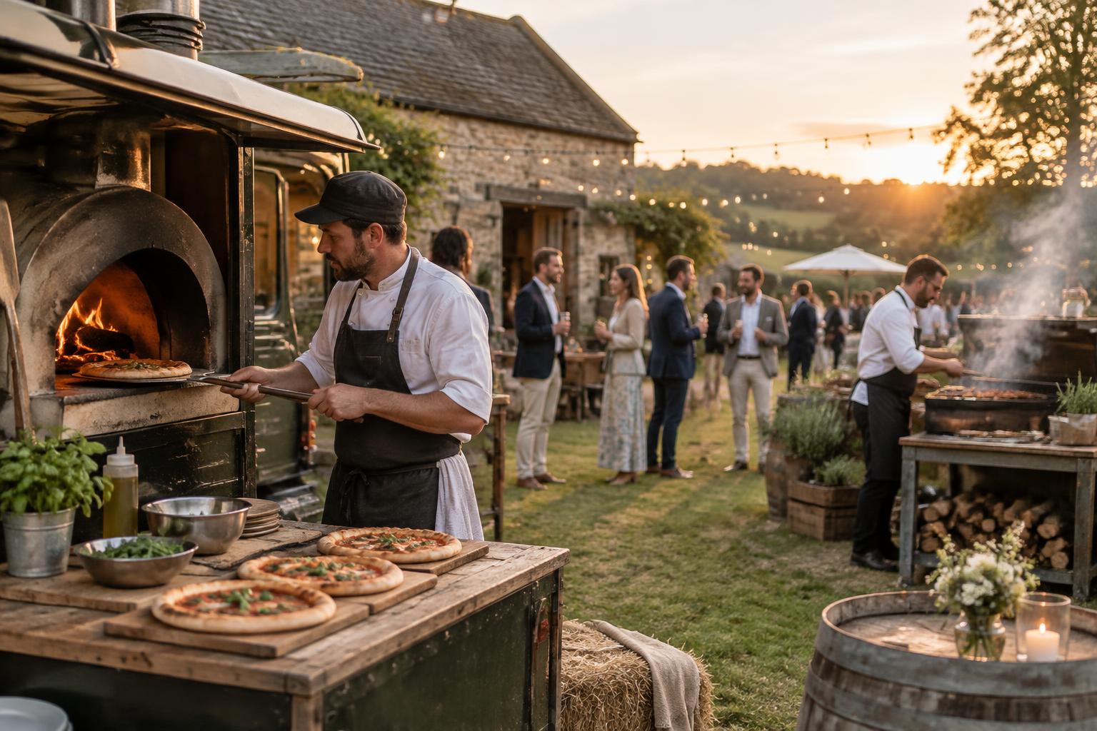 Outdoor catering with a pizza truck and BBQ chef station at a countryside corporate retreat venue