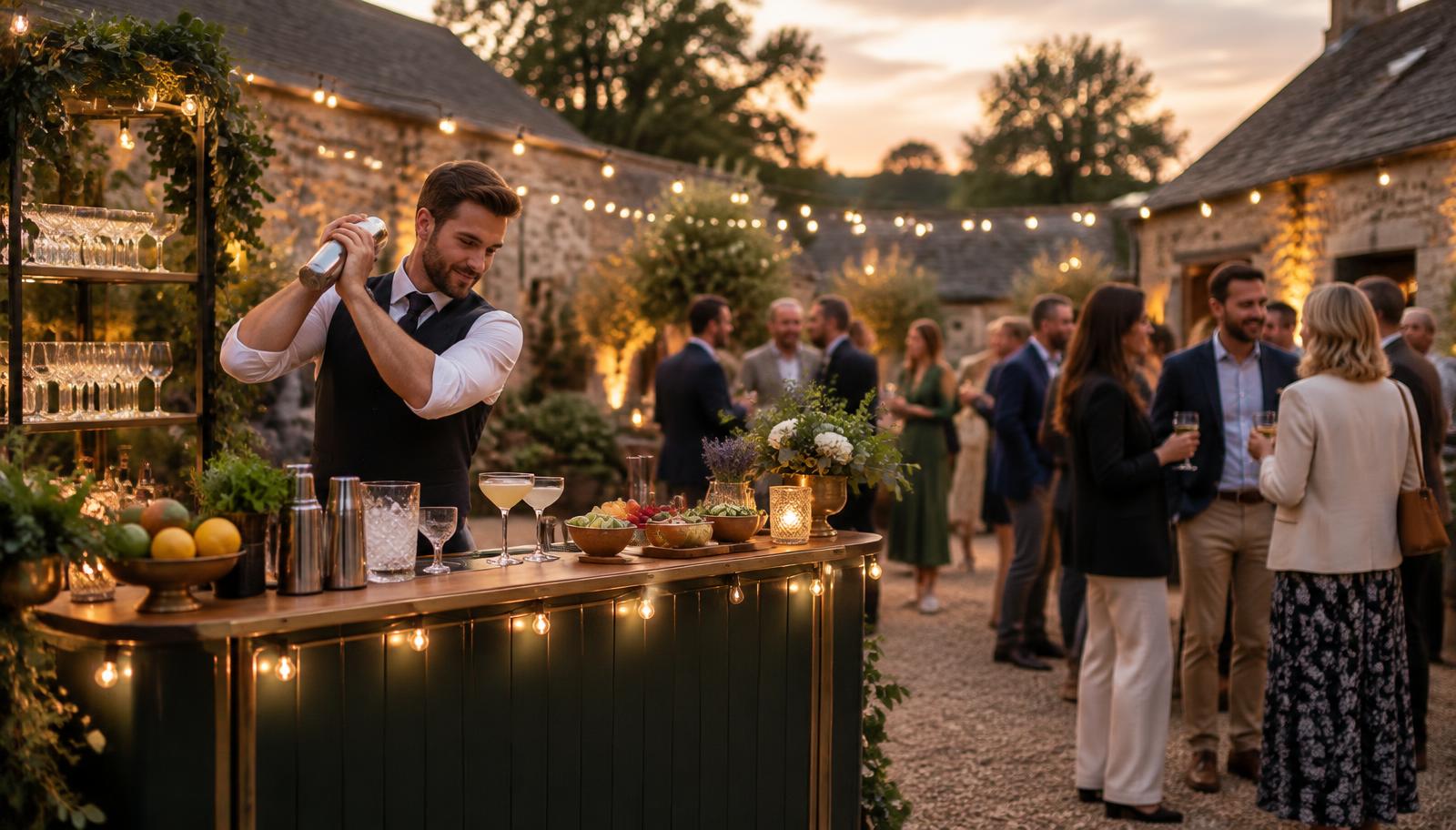 A professional mixologist serving cocktails at an outdoor evening event in the courtyard of a countryside UK estate