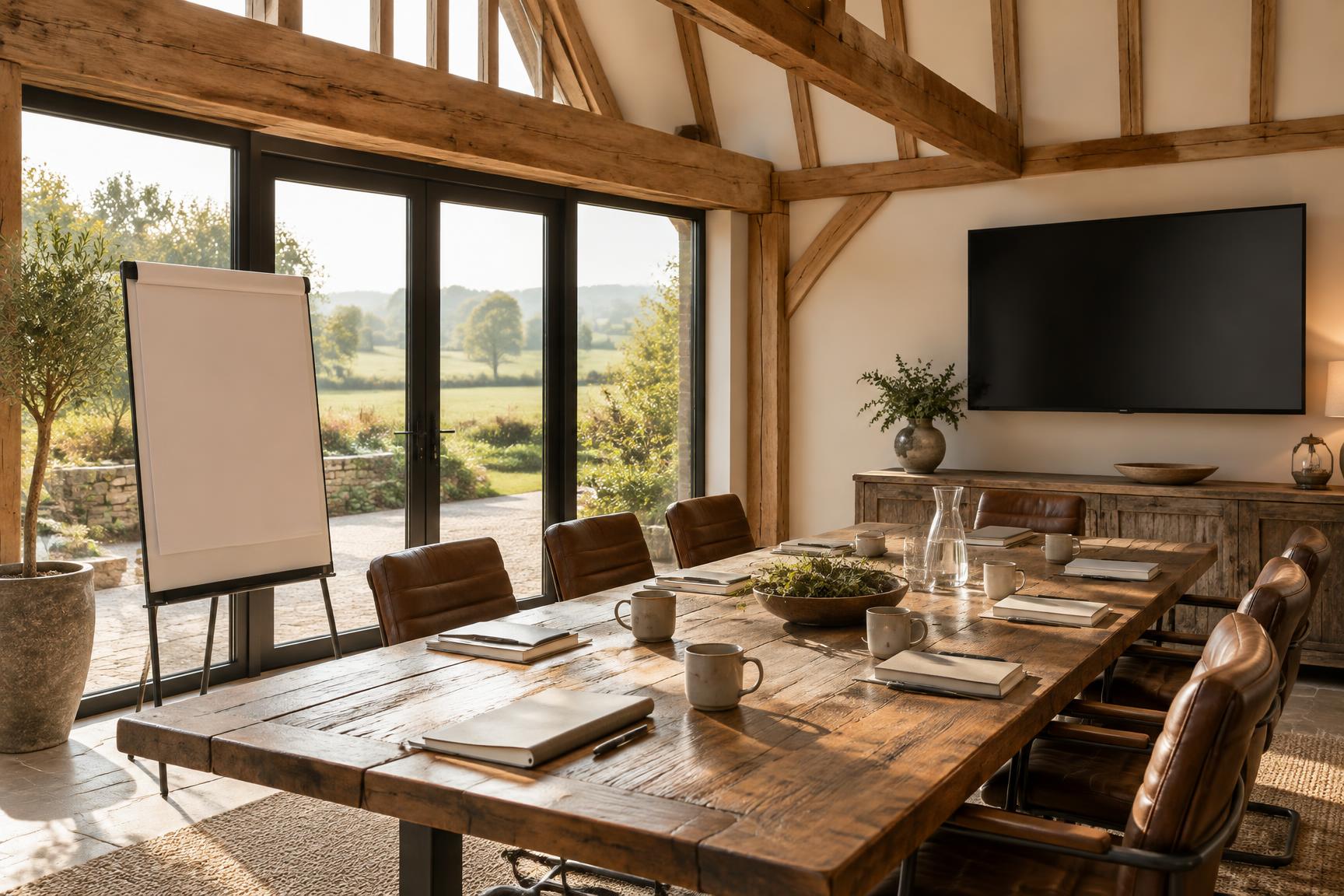 A barn meeting room set up for a corporate strategy session with a flip chart and notebooks