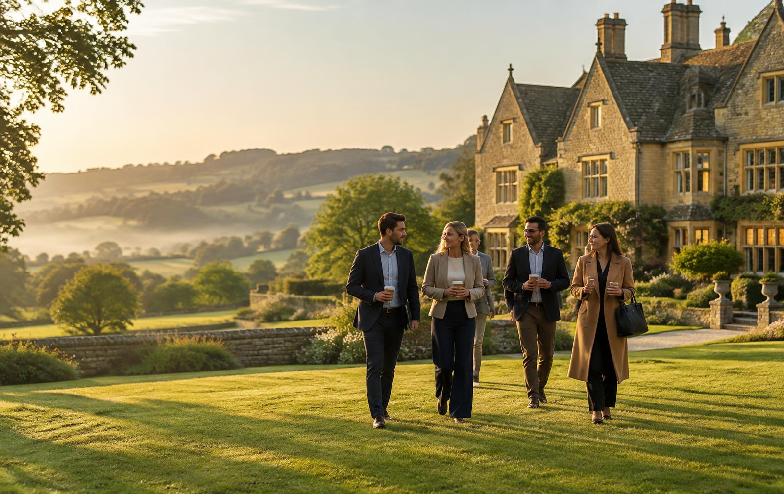 Countryside manor house with a team walking across the lawn on a corporate retreat